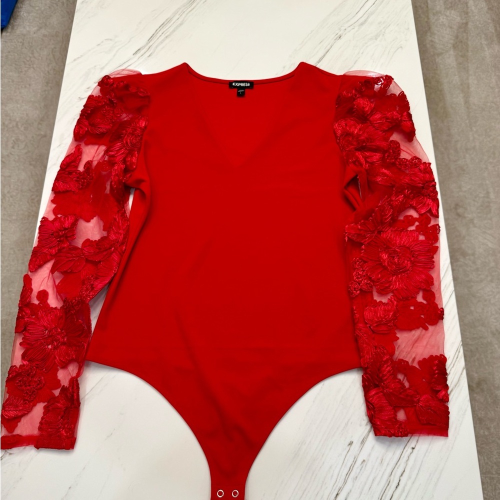 Express Red Floral Lace Sleeve Bodysuit